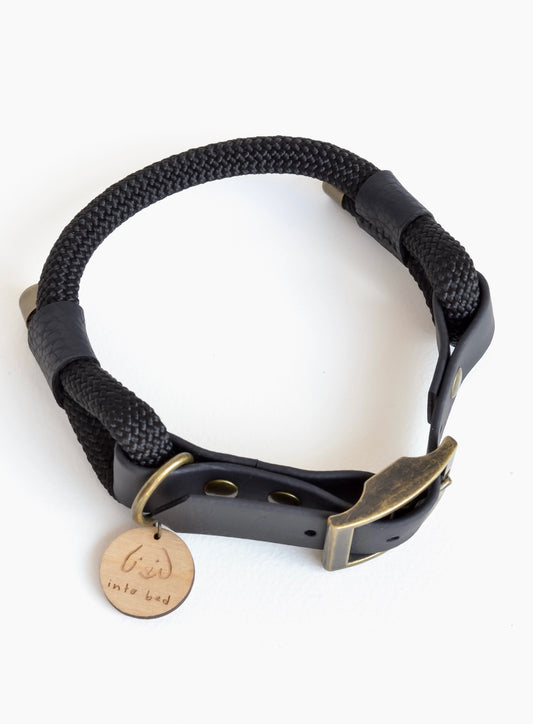 Luxury black dog collar. Made from rope, vegan leather and antique brass. Rope dog collar made in the UK. 