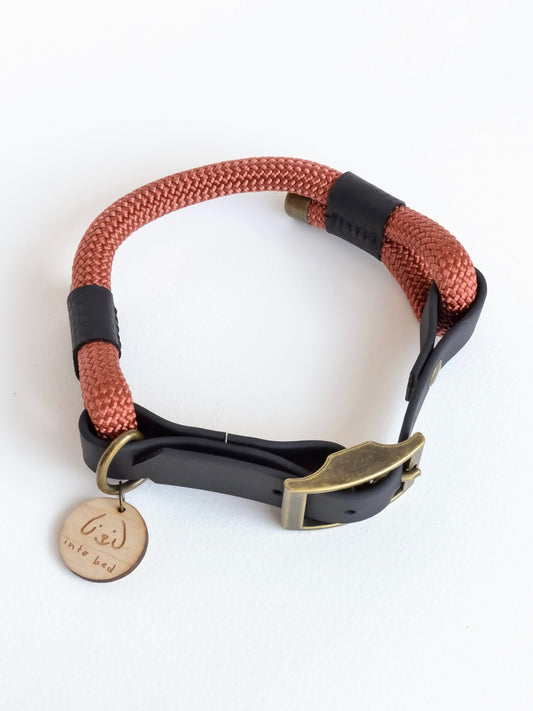 Luxury bronze dog collar. Made from rope, vegan leather and antique brass. Rope dog collar made in the UK. 